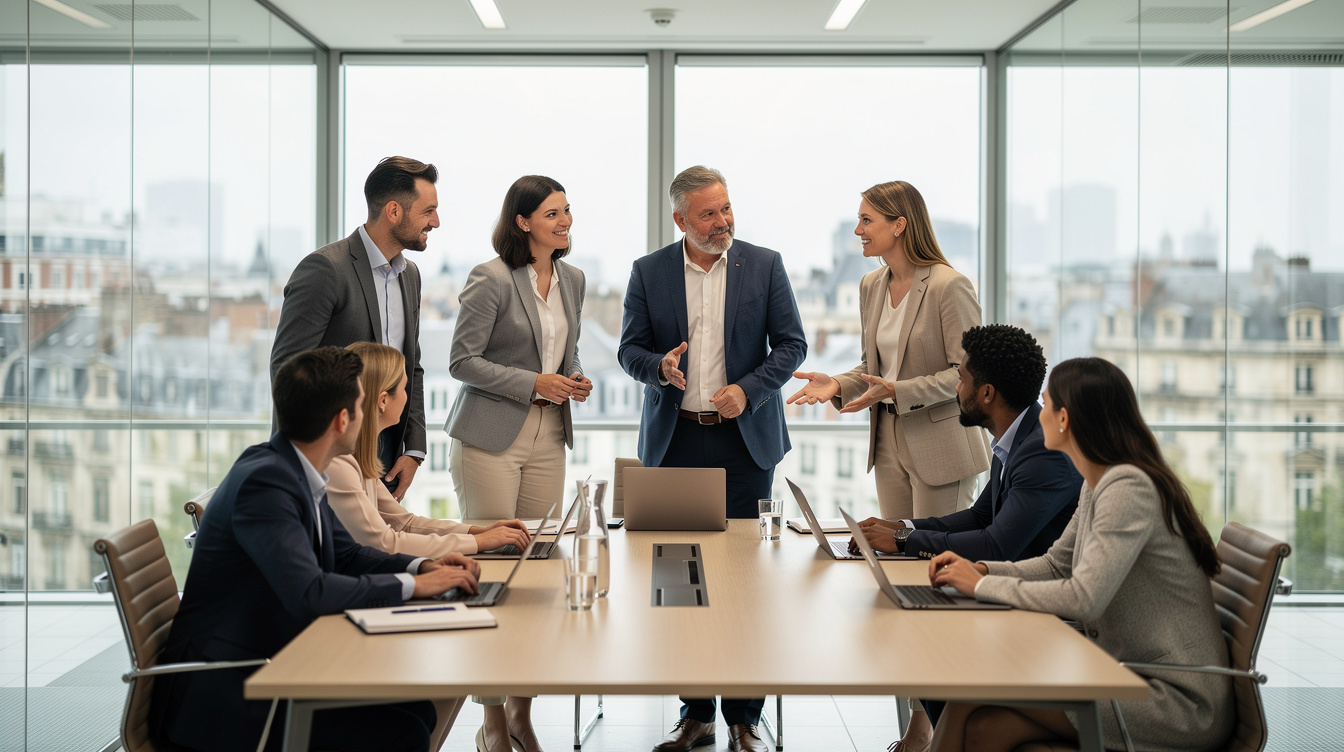 Business team discussing management practices in a modern meeting room