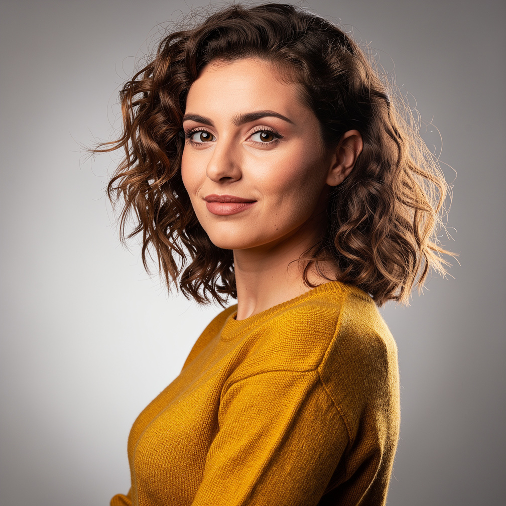 Studio portrait of a belgian woman analyst with curly hair