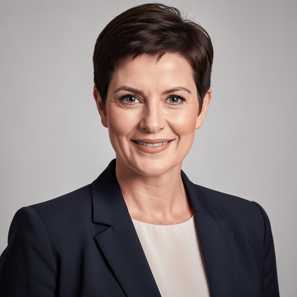 Studio portrait of a confident belgian woman in business attire